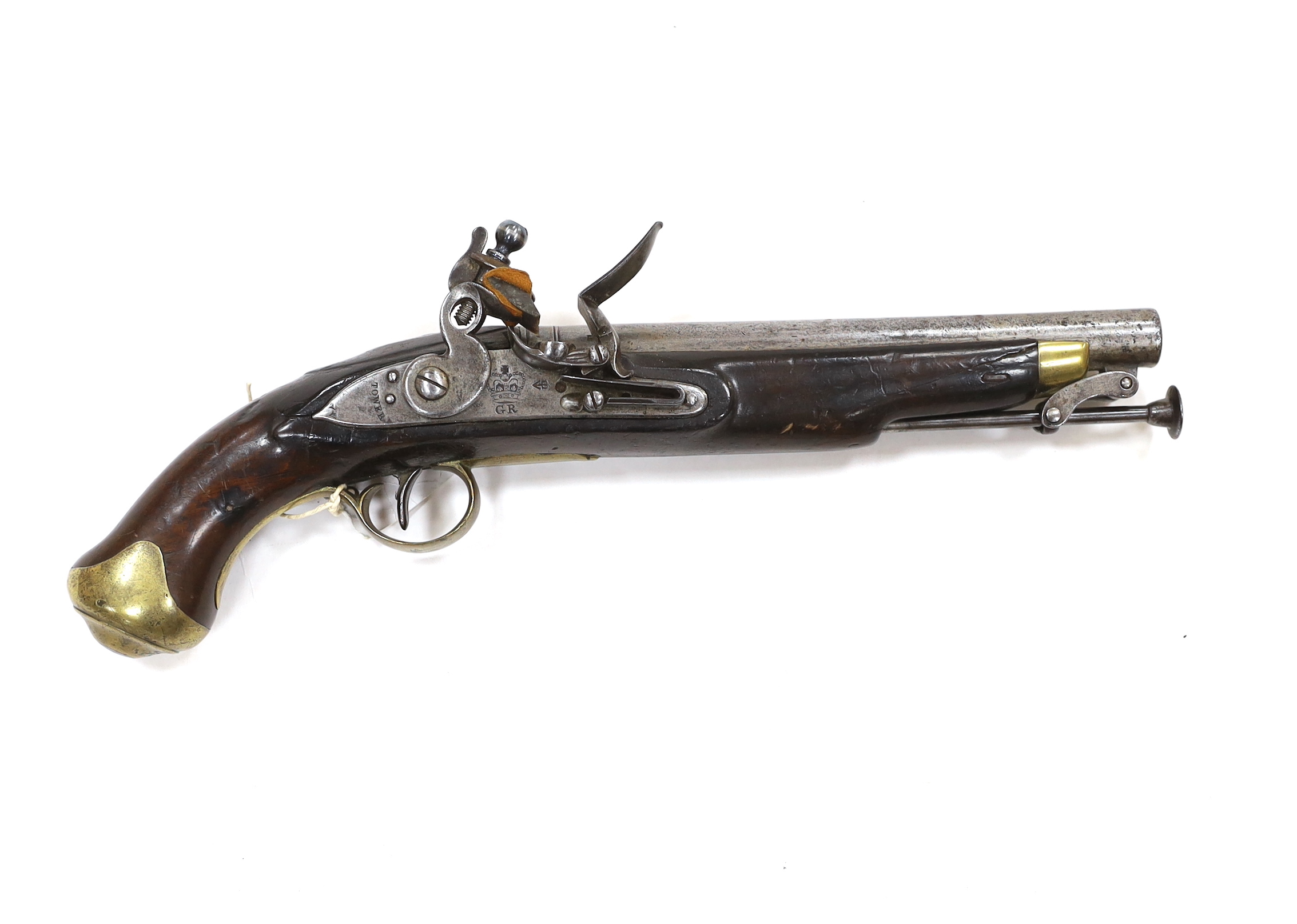 A 16 bore New Land Pattern flintlock service pistol with regulation lock engraved with crowned GR, Tower proofed barrel, fitted with regulation brass mounts and swivel ramrod